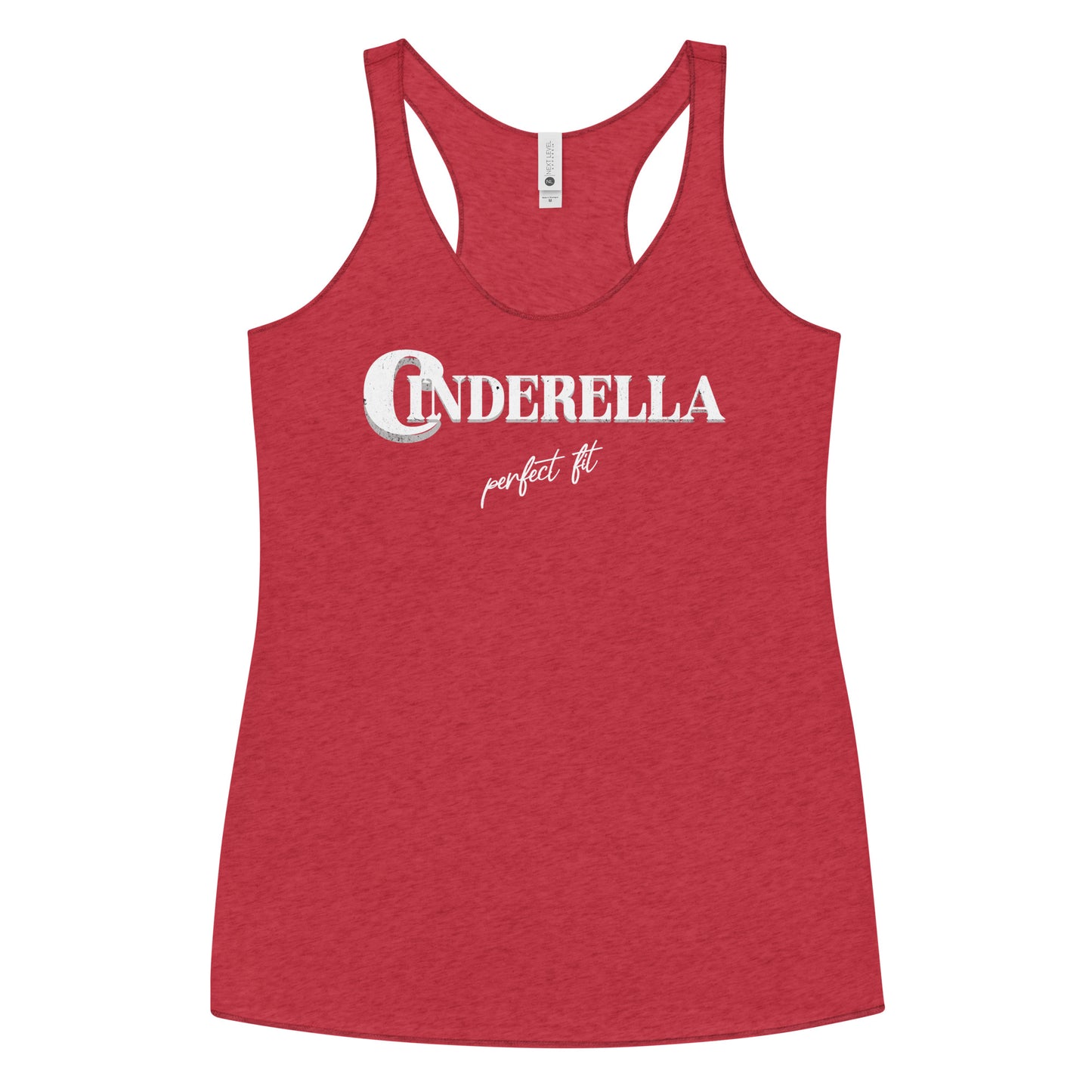 Red women’s racerback tank top featuring white merger text that reads “Cinderella” with a decorative crescent moon incorporated into the letter C, and the phrase “perfect fit” written underneath in an elegant cursive script.