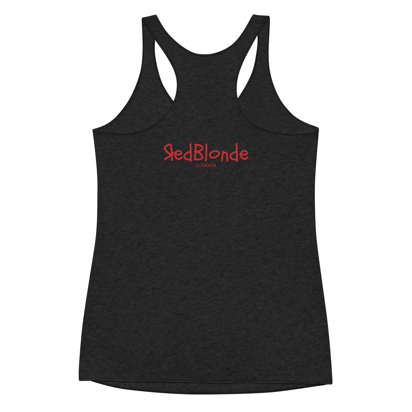 Reverse black racerback tank with RedBlonde London branding