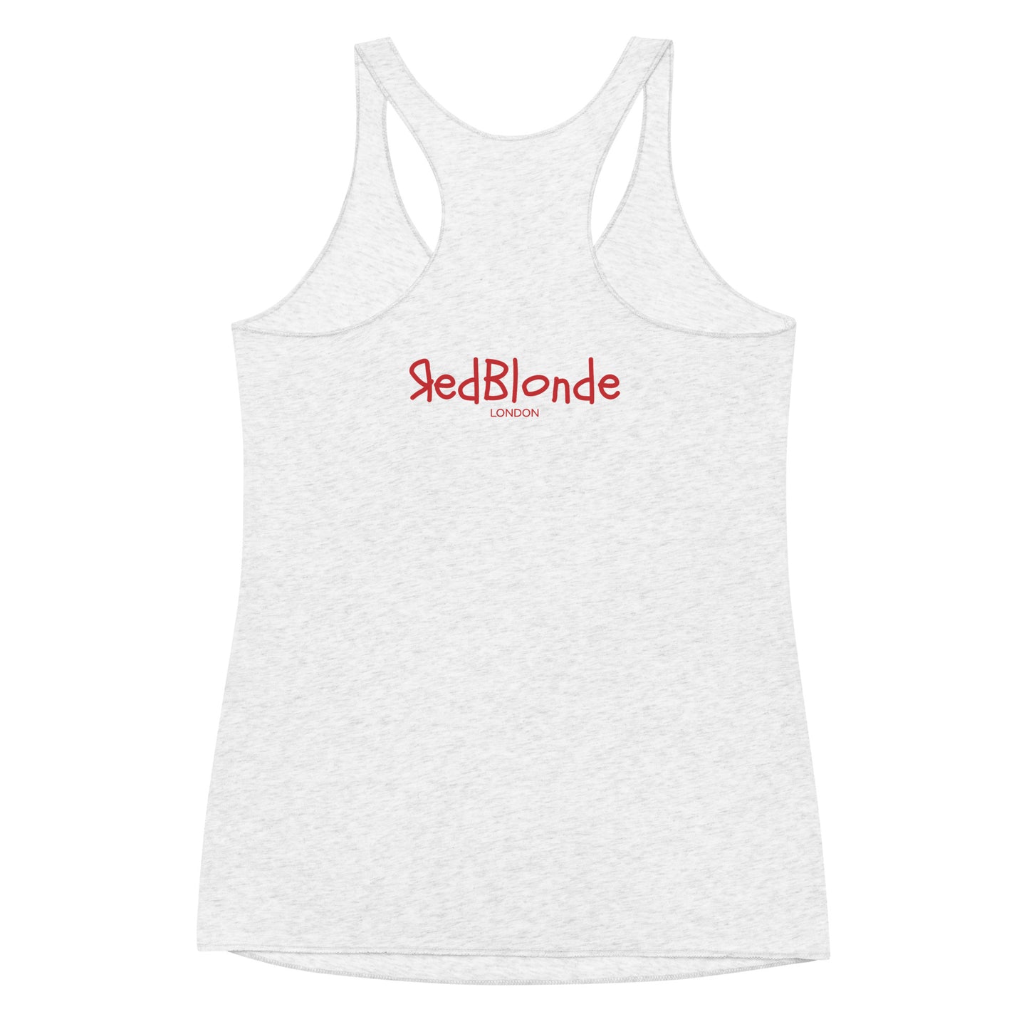 Reverse of racerback tank with RedBlonde London branding in red