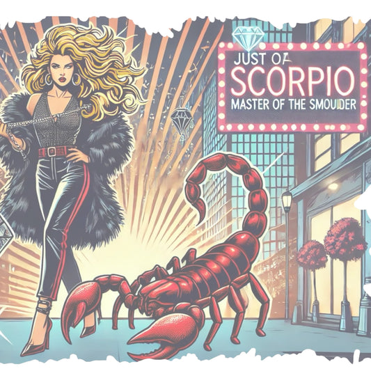 Retro pop-art blonde Scorpio graphic featuring a blonde woman with long flowing hair, wearing a black pants with a red stripe down the side, a halterneck top and fur coat, next to a large red scorpion walking down the street past a shop window captioned ‘Just a Scorpio, Master of the Smoulder'
