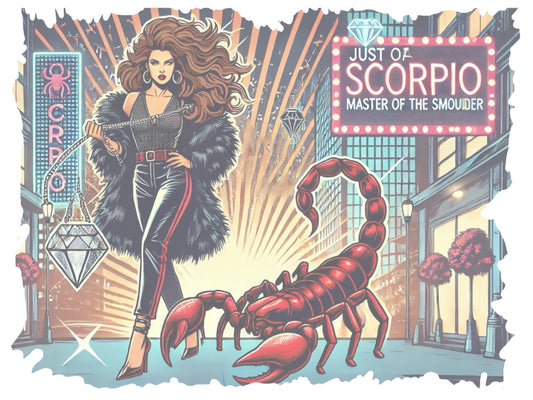 retro pop-art Scorpio graphic featuring a Brunette woman with long flowing hair, wearing a black pants with a red stripe down the side, a halterneck top and fur coat, next to a large red scorpion walking down the street past a shop window captioned ‘Just an Scorpio, Master of the Smoulder'.