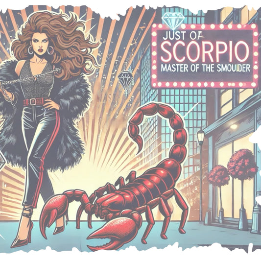 Retro pop-art Brunette Scorpio graphic featuring a brunette woman with long flowing hair, wearing a black pants with a red stripe down the side, a halterneck top and fur coat, next to a large red scorpion walking down the street past a shop window captioned ‘Just a Scorpio, Master of the Smoulder'