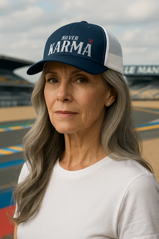 Silver haired model wears navy/white retro trucker cap with mesh back. The front features bold white embroidered text reading "SILVER KARMA" with a small red RB logo to the right.
