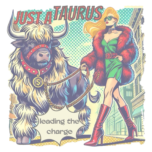 Retro pop-art blonde taurus graphic featuring a blonde woman with long flowing straight hair, wearing a green dress with a red belt, red high-heeled boots and red fur coat, walking a furry bull with a red collar and medallion in city street captioned ‘Just a taurus leading the charge'
