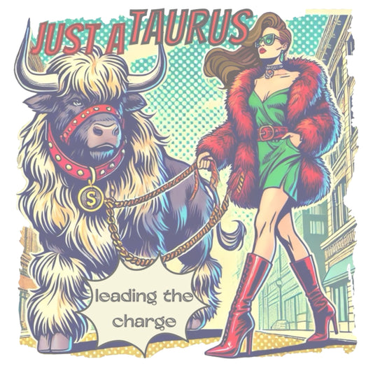 Retro pop-art brunette taurus graphic featuring a brunette woman with long flowing straight hair, wearing a green dress with a red belt, red high-heeled boots and red fur coat, walking a furry bull with a red collar and medallion in city street captioned ‘Just a taurus leading the charge'