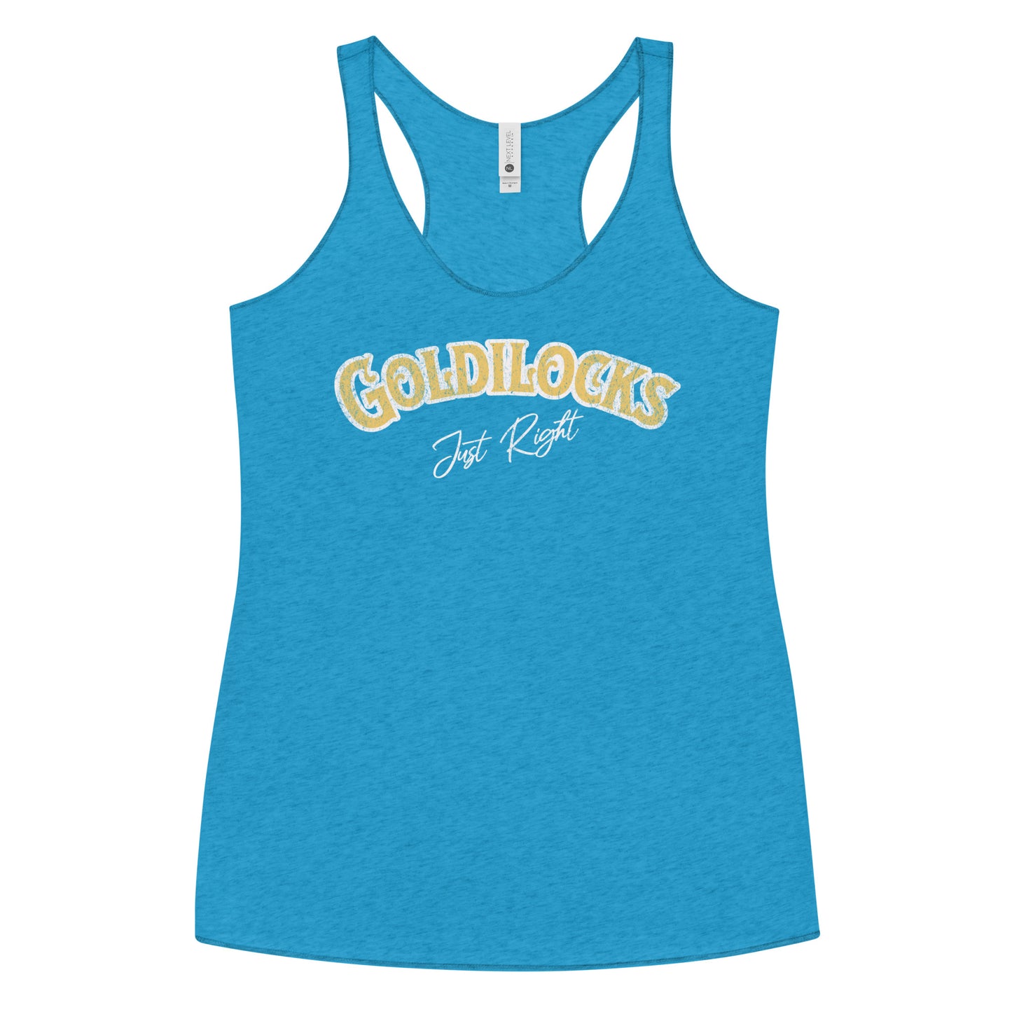 Vintage turquoise woman's racerback tank with the text “Goldilocks Just Right” in gold and white Signmaster Pro textured font, designed in a bold retro style. Branded RedBlonde London in red on the reverse