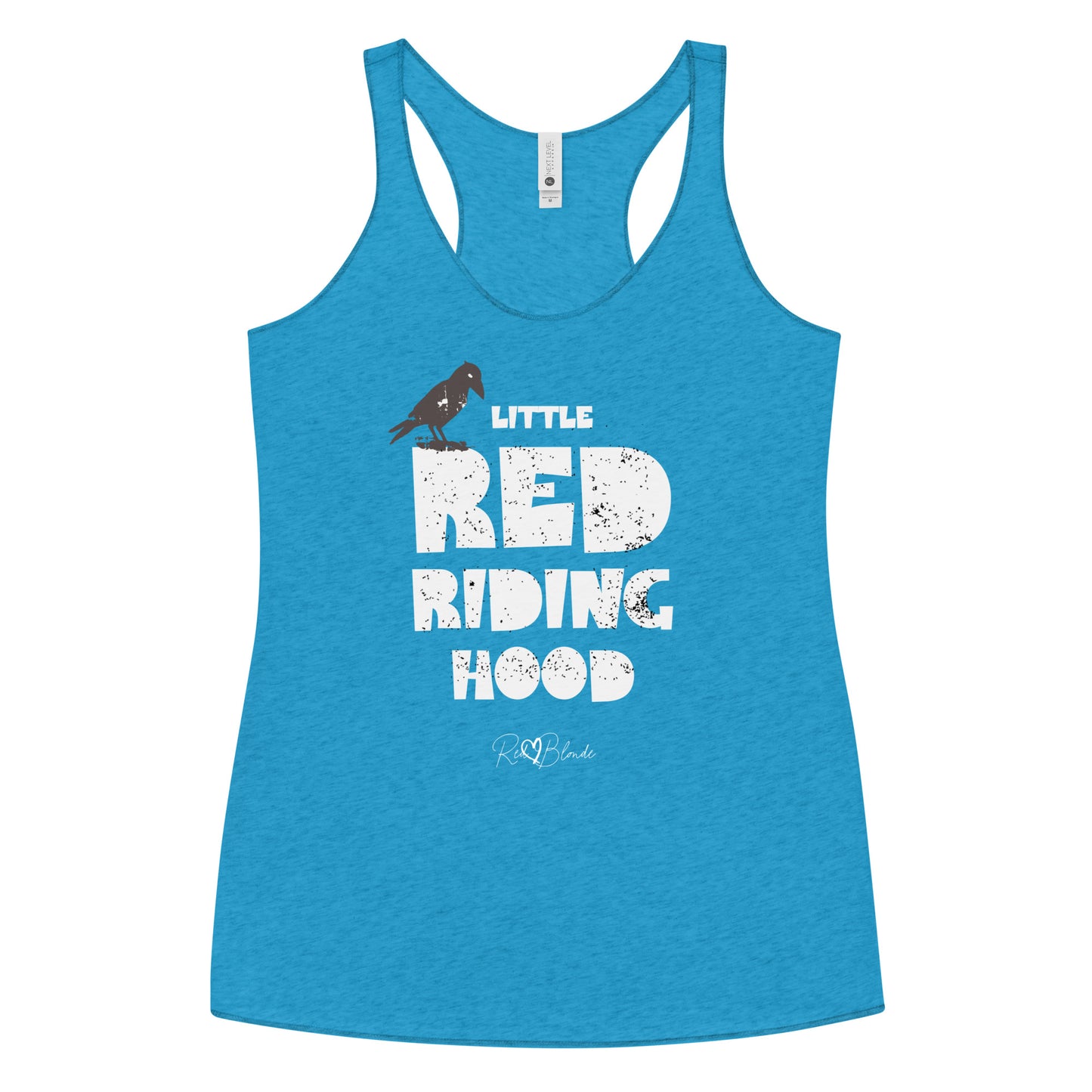 Vintage turquoise women’s racerback tank top featuring bold distressed white Love Birds font reading “Little Red Riding Hood” with a small black crow perched on the word “Little,” and the RedBlonde signature logo below.