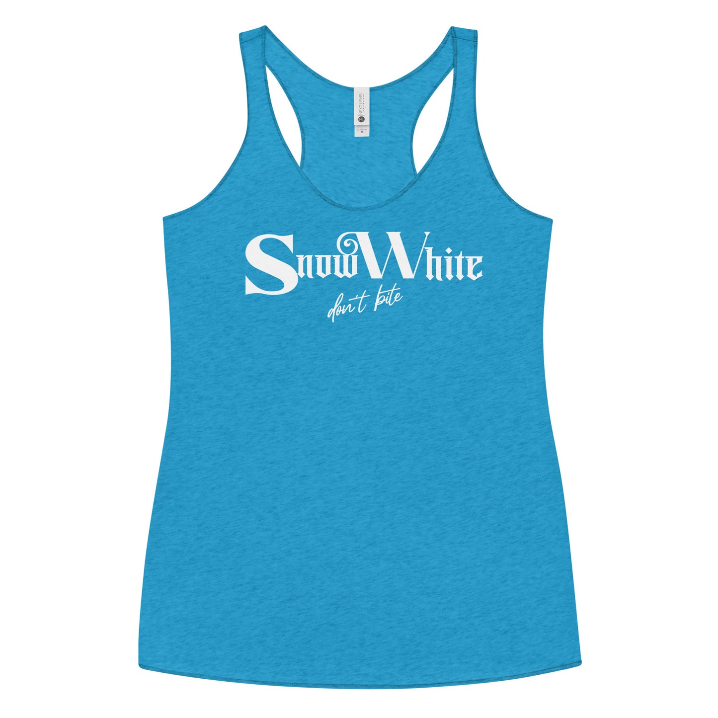 Vintage turquoise women’s racerback tank top featuring white Angel Rhapsody gothic-inspired font that reads “Snow White” and the phrase “don’t bite” written underneath in a cursive script.