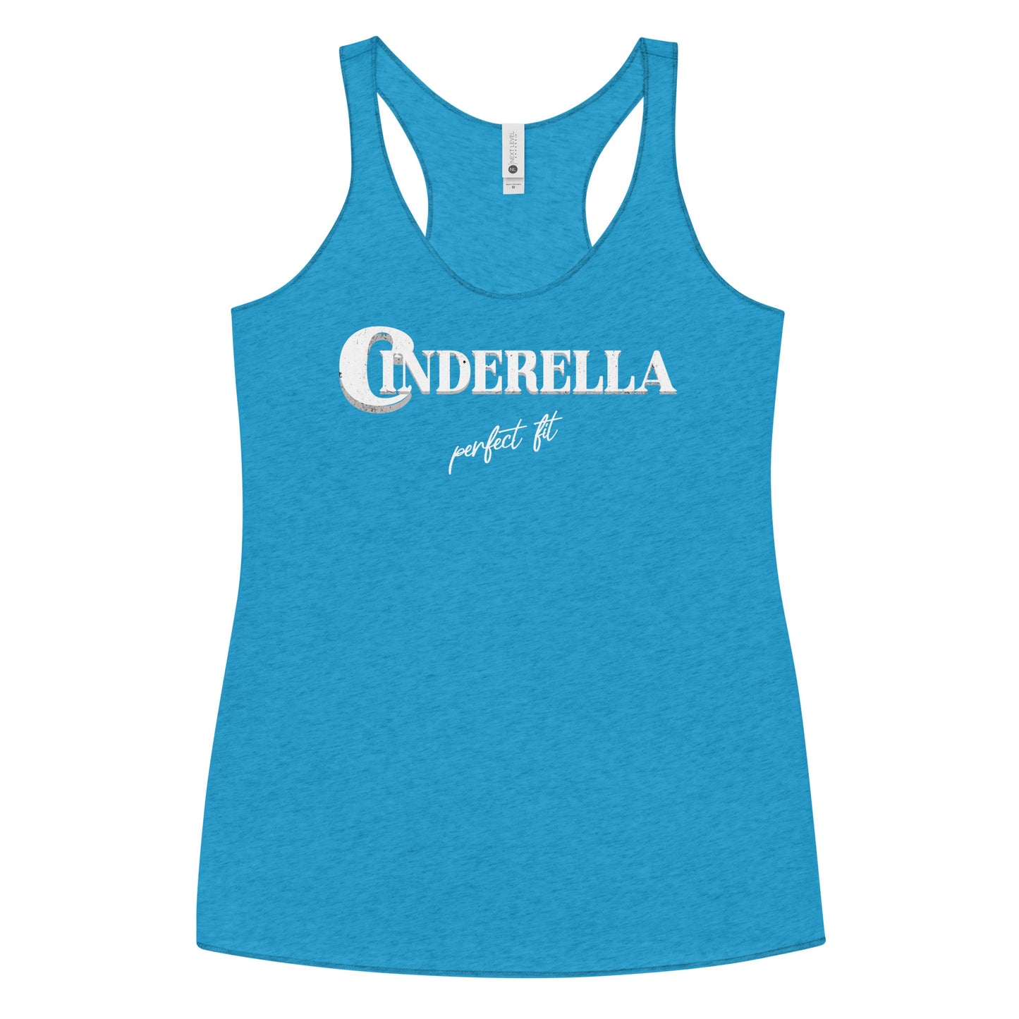 Vintage turquoise women’s racerback tank top featuring white merger text that reads “Cinderella” with a decorative crescent moon incorporated into the letter C, and the phrase “perfect fit” written underneath in an elegant cursive script.