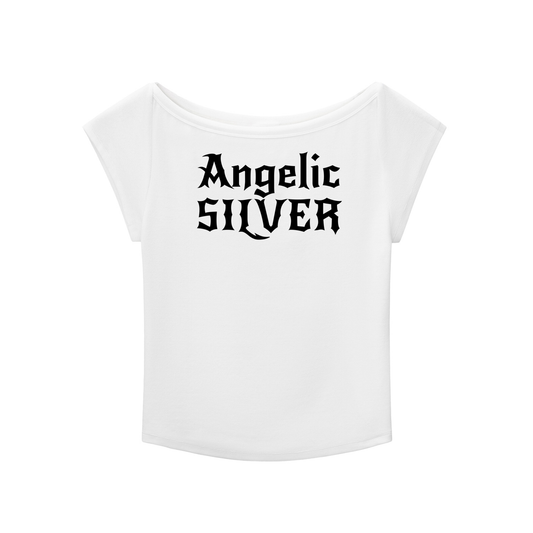 white wide-neck t-shirt with white gothic New Rockstar text reading “Angelic Silver” across the chest.