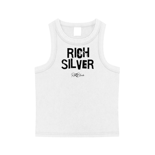 White acid-wash vintage tank top with bold white Ed Gein font “RICH SILVER" slogan on the front and RedBlonde logo beneath.