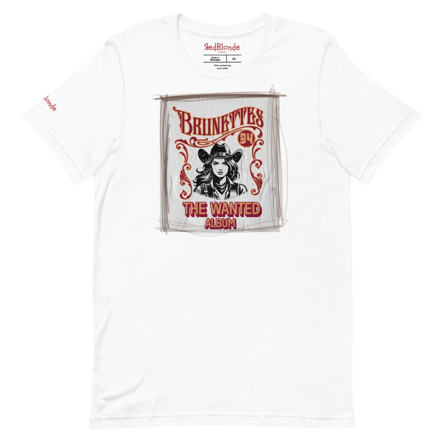 White classic unisex relaxed fit t-shirt with graphic of an album cover featuring a girl in a cowboy hat with the words ' Brunettes'94 - The Wanted Album'. Branded RedBlonde in red on inside neck and right sleeve.