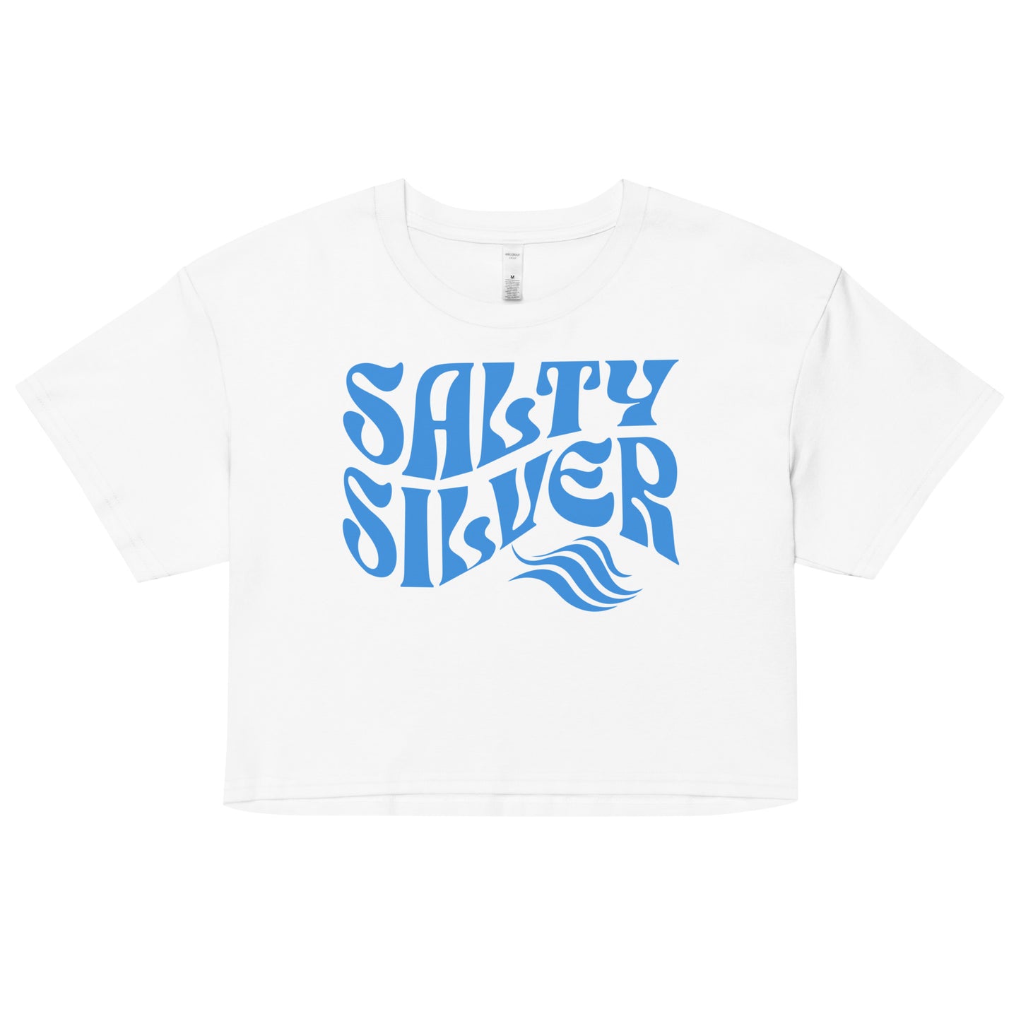 White loose women's crop top t-shirt with the words ‘Salty Silver’ in blue solino display retro wavy 70s font