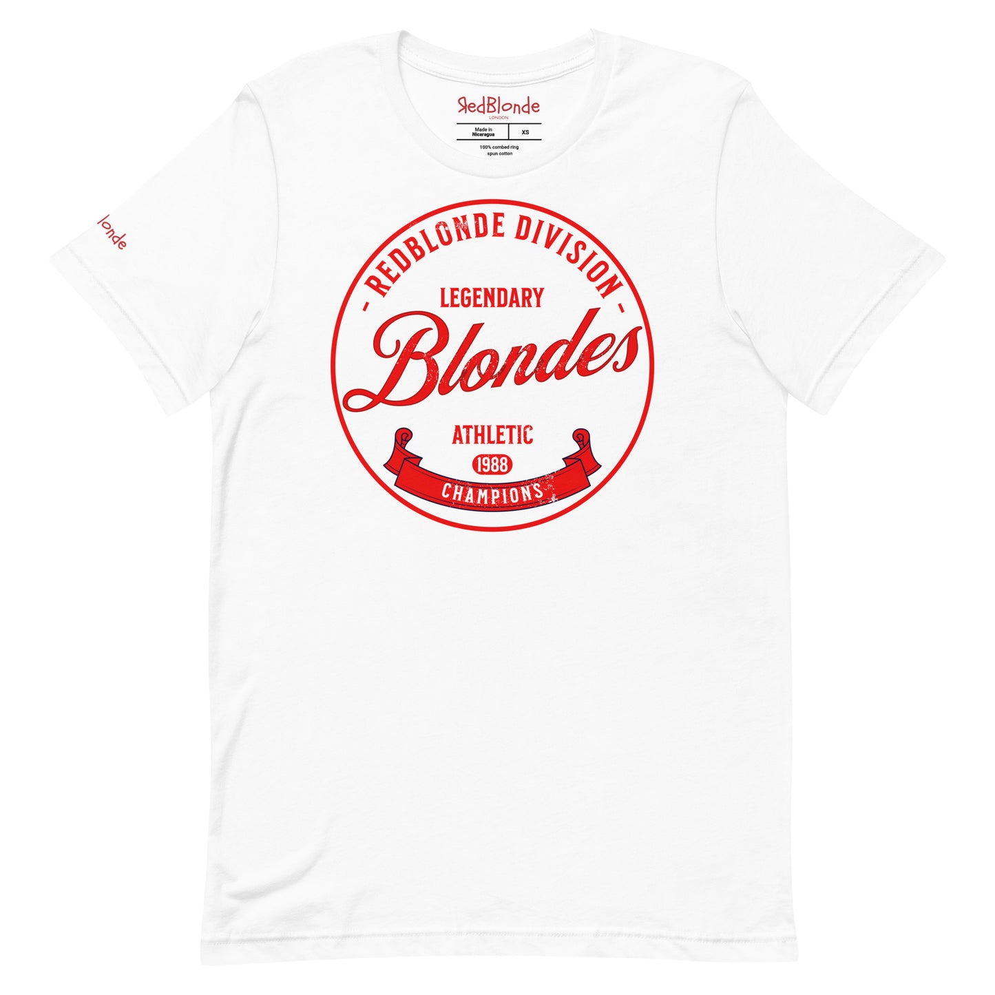White unisex t-shirt with an american college inspired red circle graphic in red with the words 'REDBLONDE DIVISION, LEGENDARY Blondes. Athletic Champions 1988'. Branded RedBlonde in red on inside neck and right sleeve