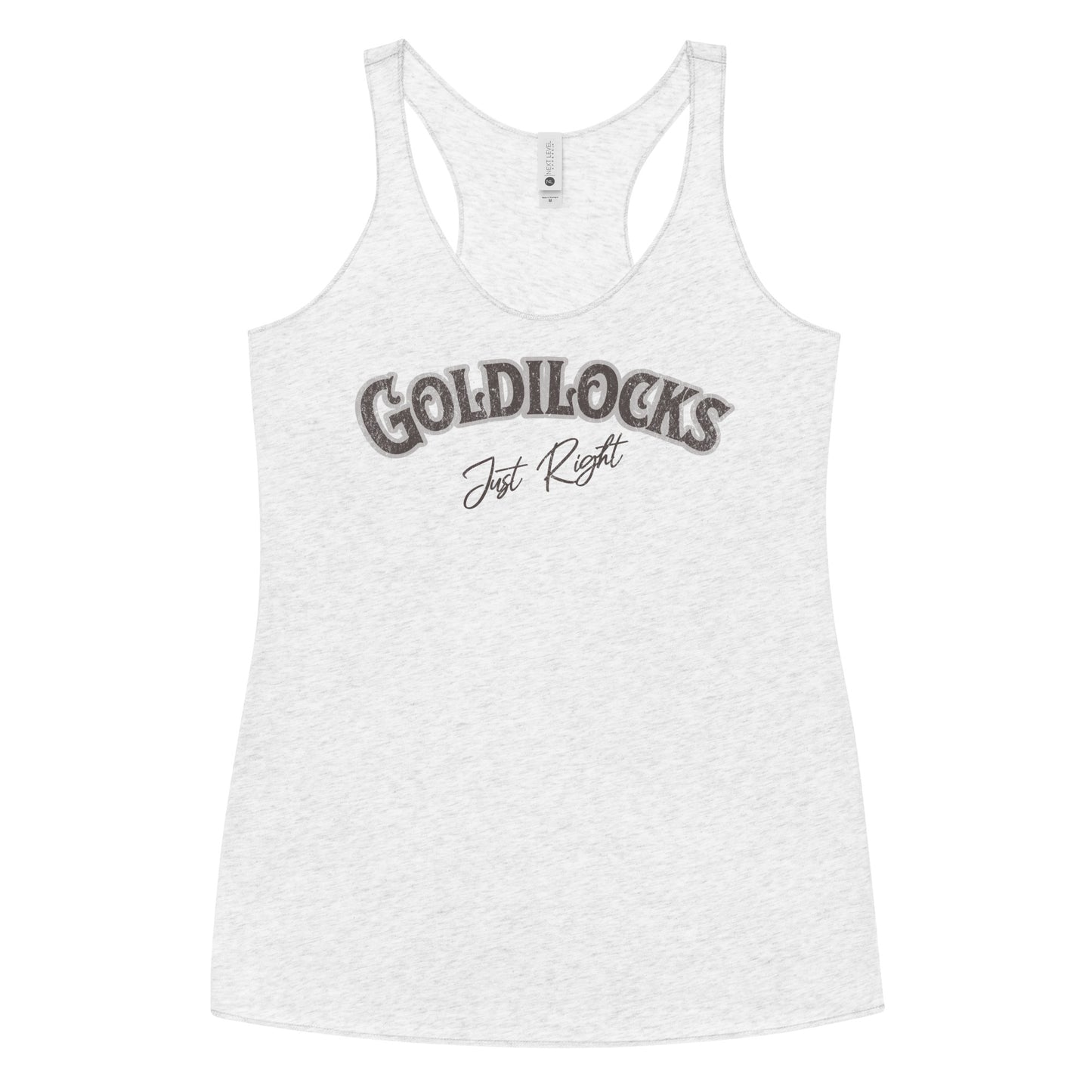 White woman's racerback tank with the text “Goldilocks Just Right” in black and white Signmaster Pro textured font, designed in a bold retro style. Branded RedBlonde London in red on the reverse