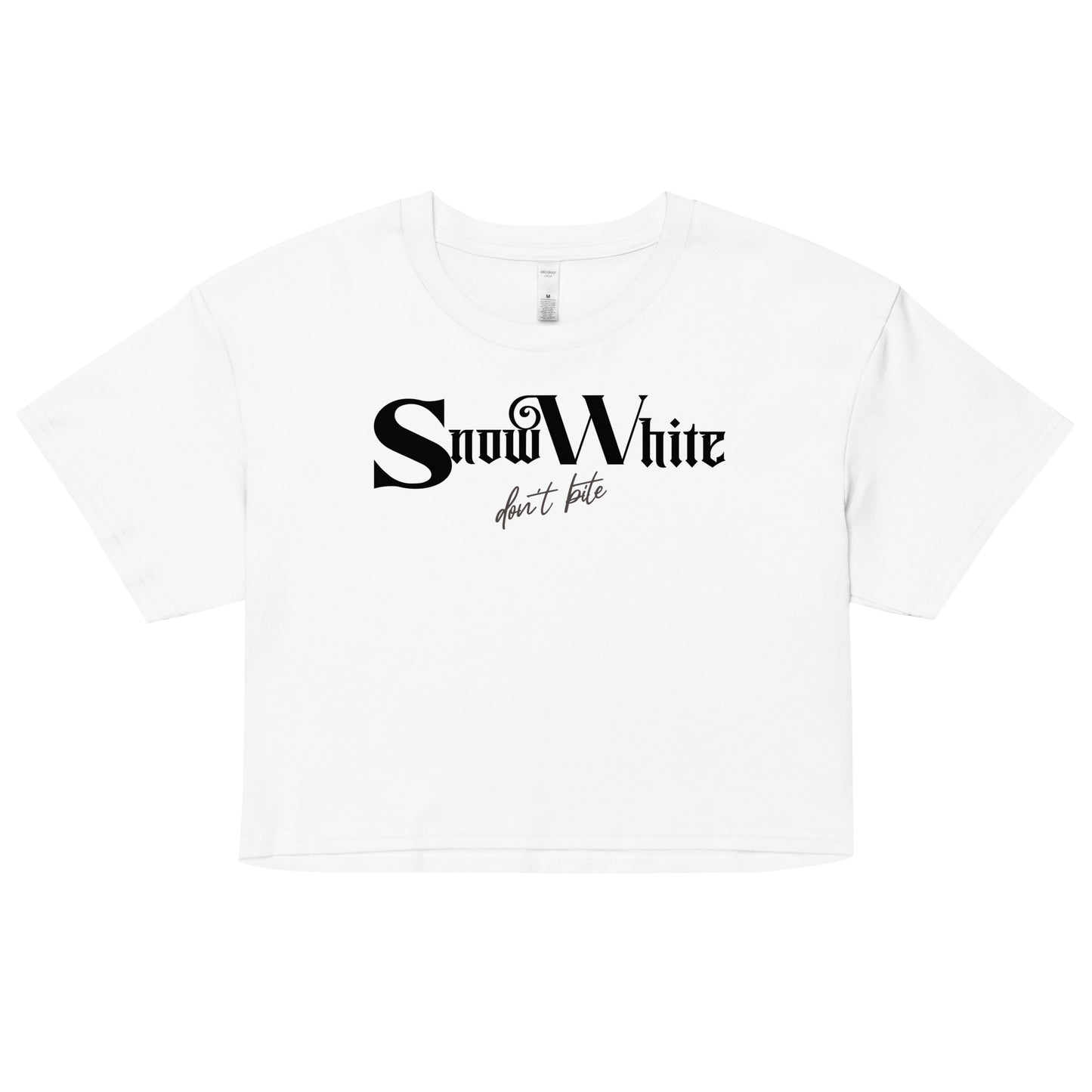 White women’s crop top featuring black Angel Rhapsody gothic-inspired font that reads “Snow White” and the phrase “don’t bite” written underneath in a cursive script.