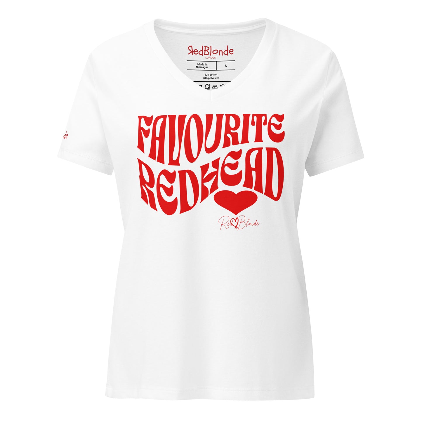 White women's loose fit v-neck graphic t-shirt with the slogan 'Favourite Redhead' in Solino Display red retro 70s wavy font. Signed with a heart and RedBlonde. Branded RedBlonde in red on inside neck and right sleeve