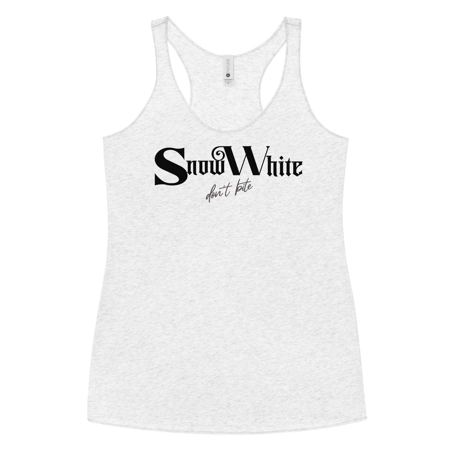 White women’s racerback tank top featuring black Angel Rhapsody gothic-inspired font that reads “Snow White” and the phrase “don’t bite” written underneath in a cursive script.