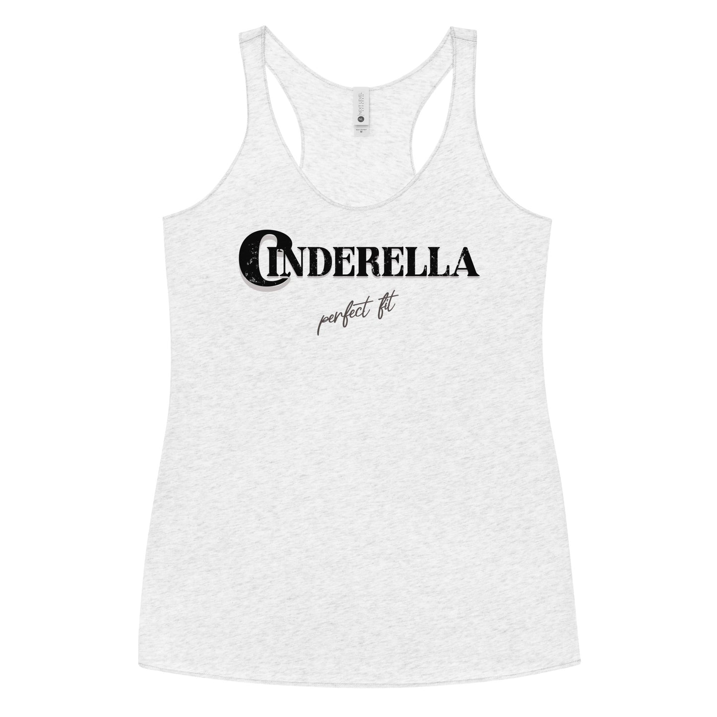 White women’s racerback tank top featuring black merger text that reads “Cinderella” with a decorative crescent moon incorporated into the letter C, and the phrase “perfect fit” written underneath in an elegant cursive script.