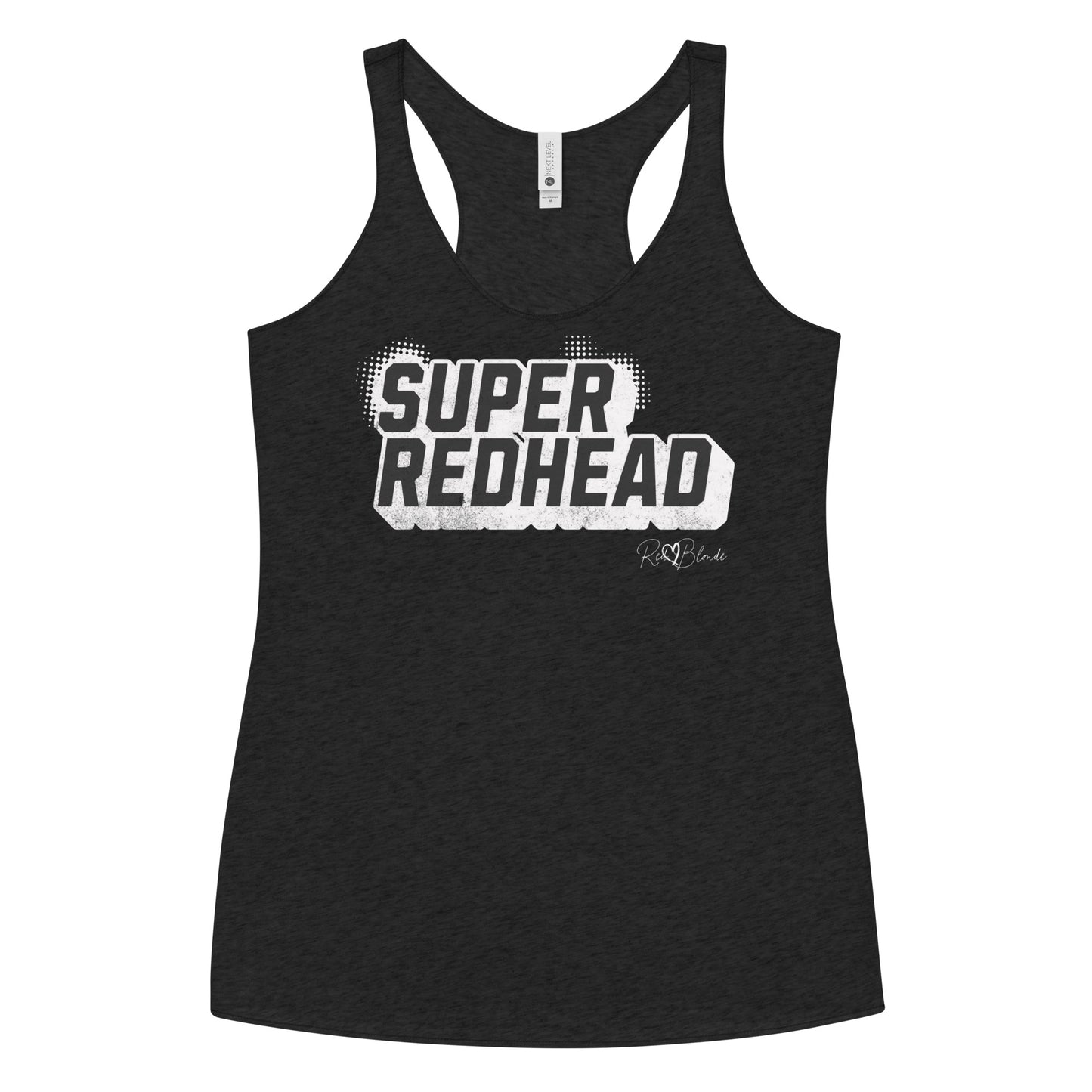 Women’s heather black racerback tank top with bold black “SUPER REDHEAD” in Univercity font block comic-style font with halftone detail, featuring the RedBlonde logo signature beneath the design.