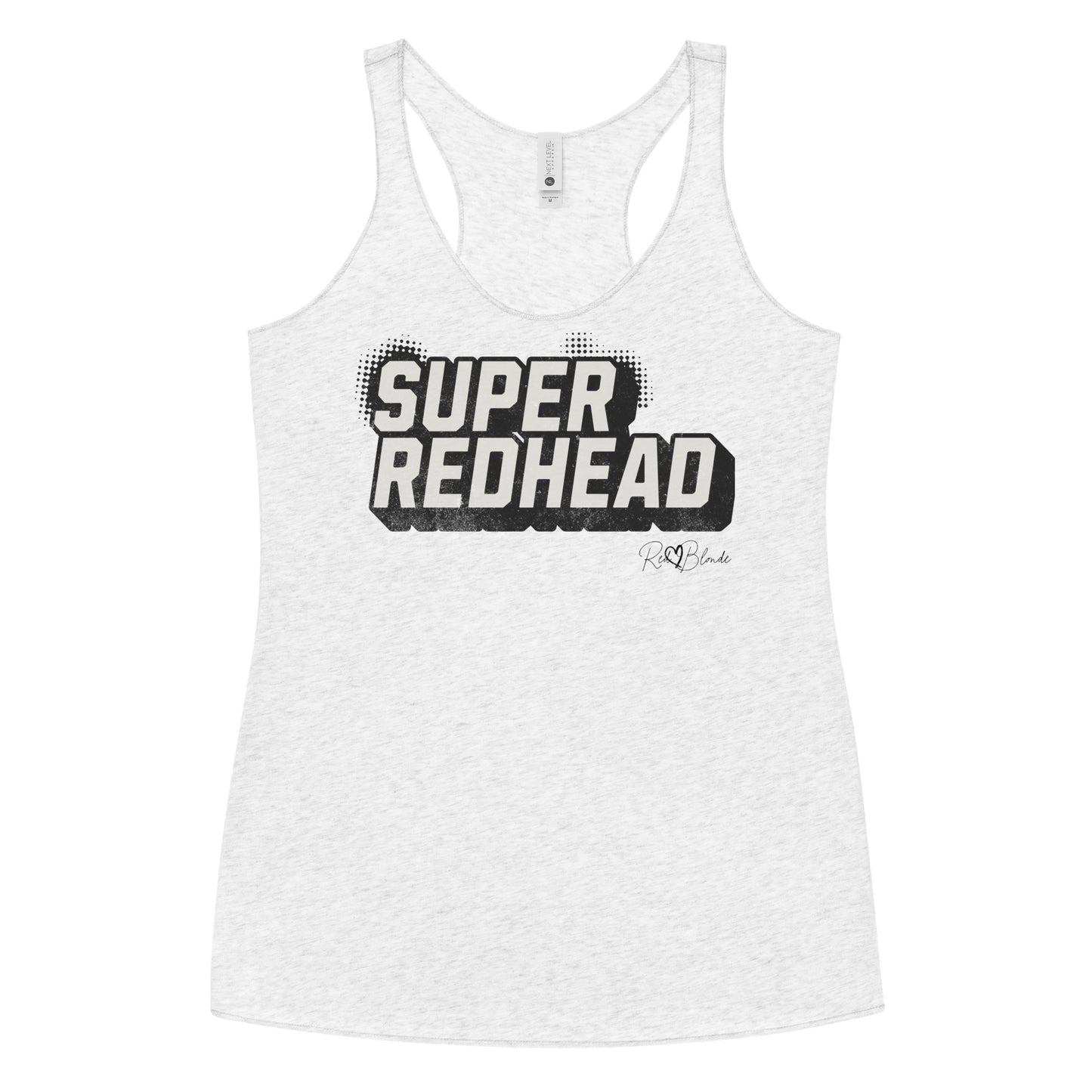 Women’s heather white racerback tank top with bold black “SUPER REDHEAD” in Univercity font block comic-style font with halftone detail, featuring the RedBlonde logo signature beneath the design.