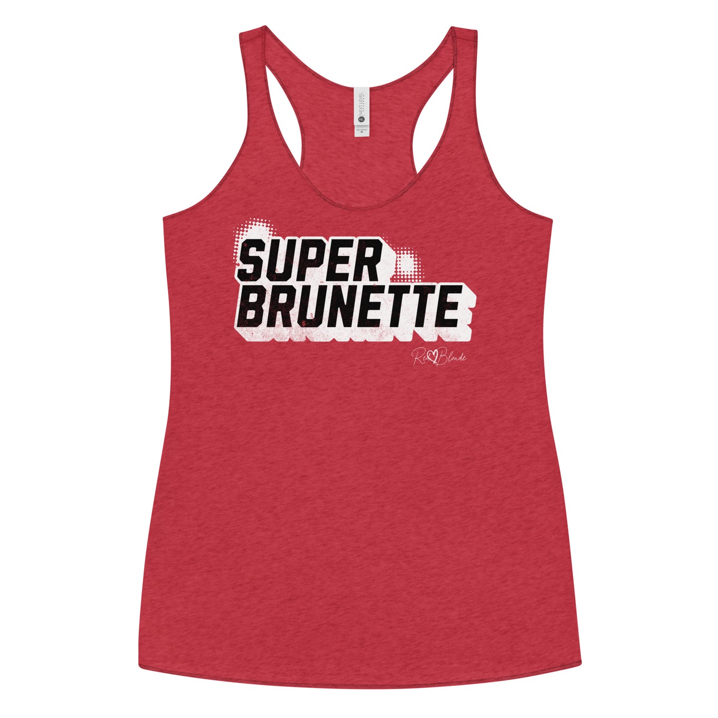 Women’s vintage red racerback tank top with bold black “SUPER BRUNETTE” in Univercity font block comic-style font with halftone detail, featuring the RedBlonde logo signature beneath the design.