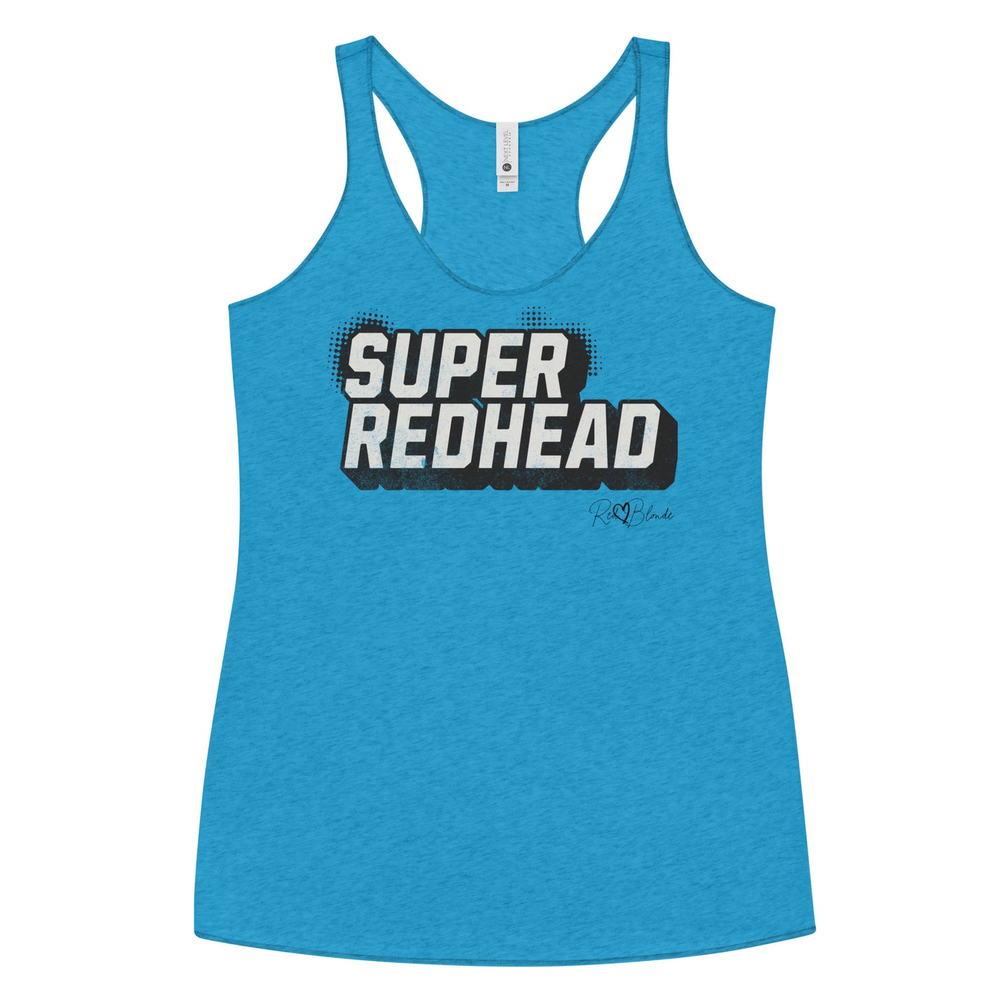 Women’s vintage turquoise racerback tank top with bold black “SUPER REDHEAD” in Univercity font block comic-style font with halftone detail, featuring the RedBlonde logo signature beneath the design.
