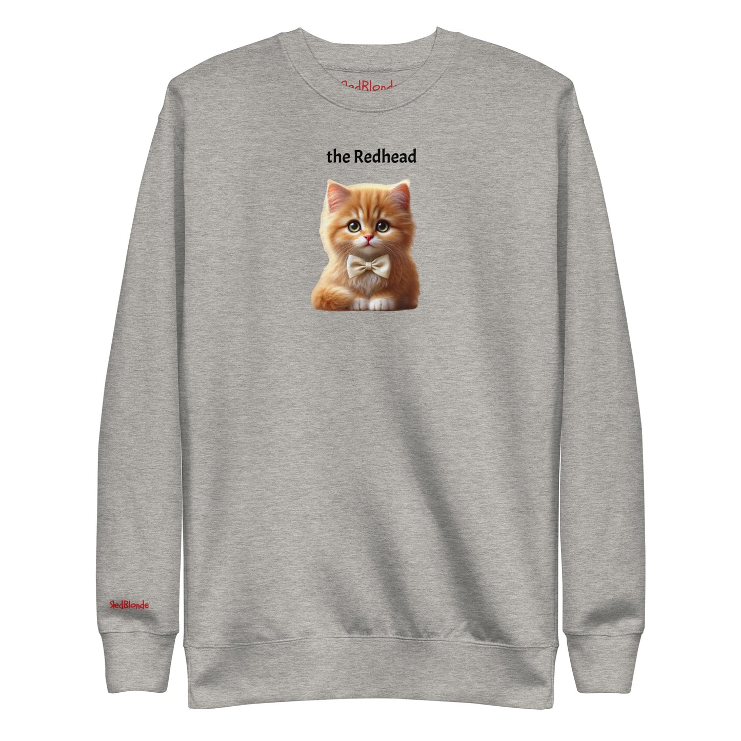Flatlay of carbon grey relaxed fit unisex sweatshirt with a cute graphic of a redhead kitten wearing a bow-tie and the words 'the Redhead' linking to Red hair. Branded RedBlonde in red on inside neck and right cuff