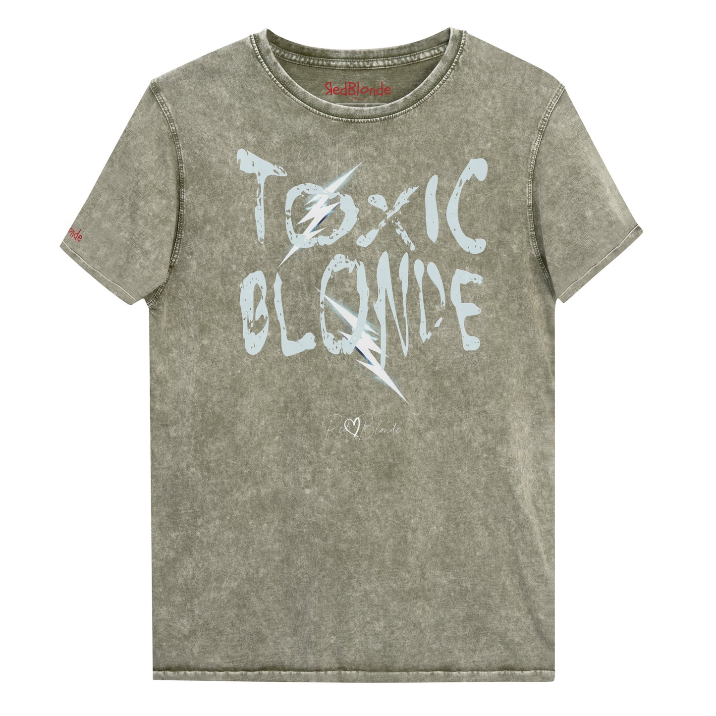 Army Green acid-wash denim-style unisex t-shirt with the bold graphic text “TOXIC BLONDE” in distressed light blue Chainsaw Carnage lettering across the front, featuring the RedBlonde logo subtly printed below the text. Branded RedBlonde in red in inside neck and right sleeve