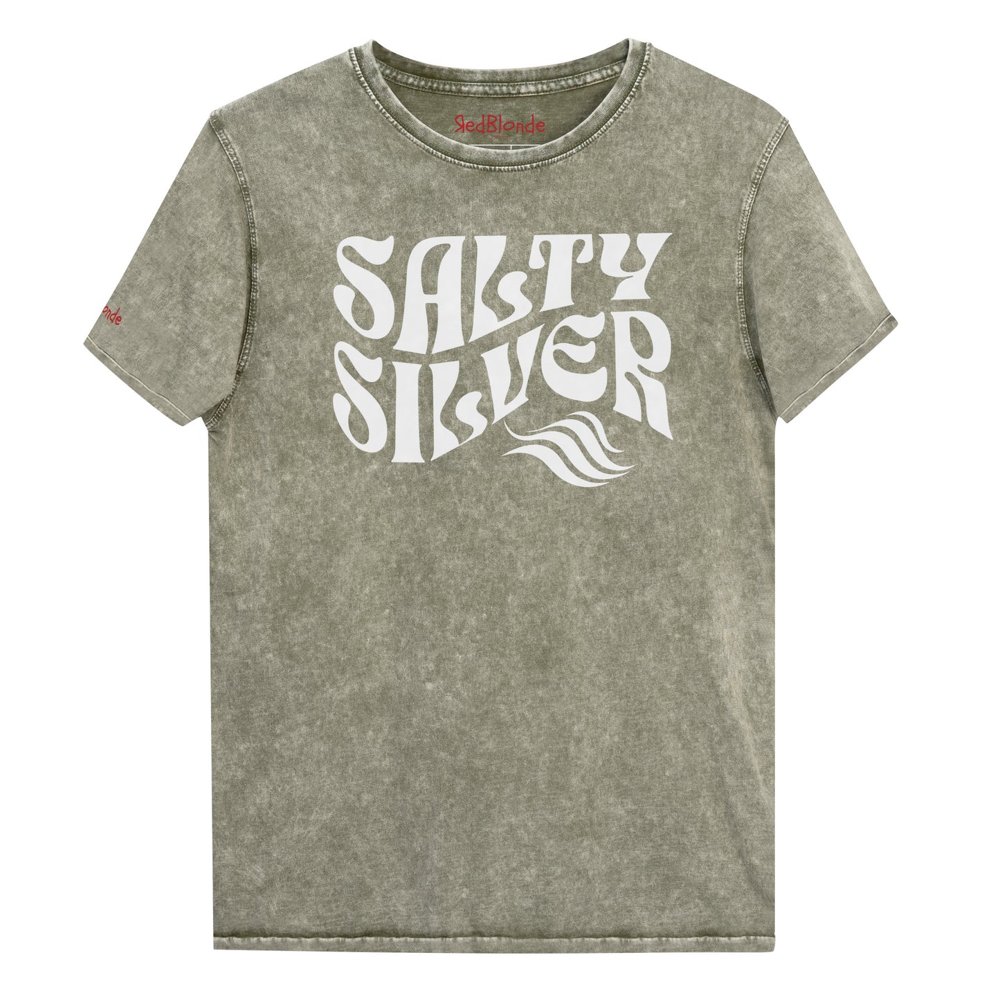 flatlay of army green denim vintage wash graphic t-shirt with the slogan 'Salty Silver' in white retro 70s wavy font. Branded RedBlonde inside neck and right shoulder in red