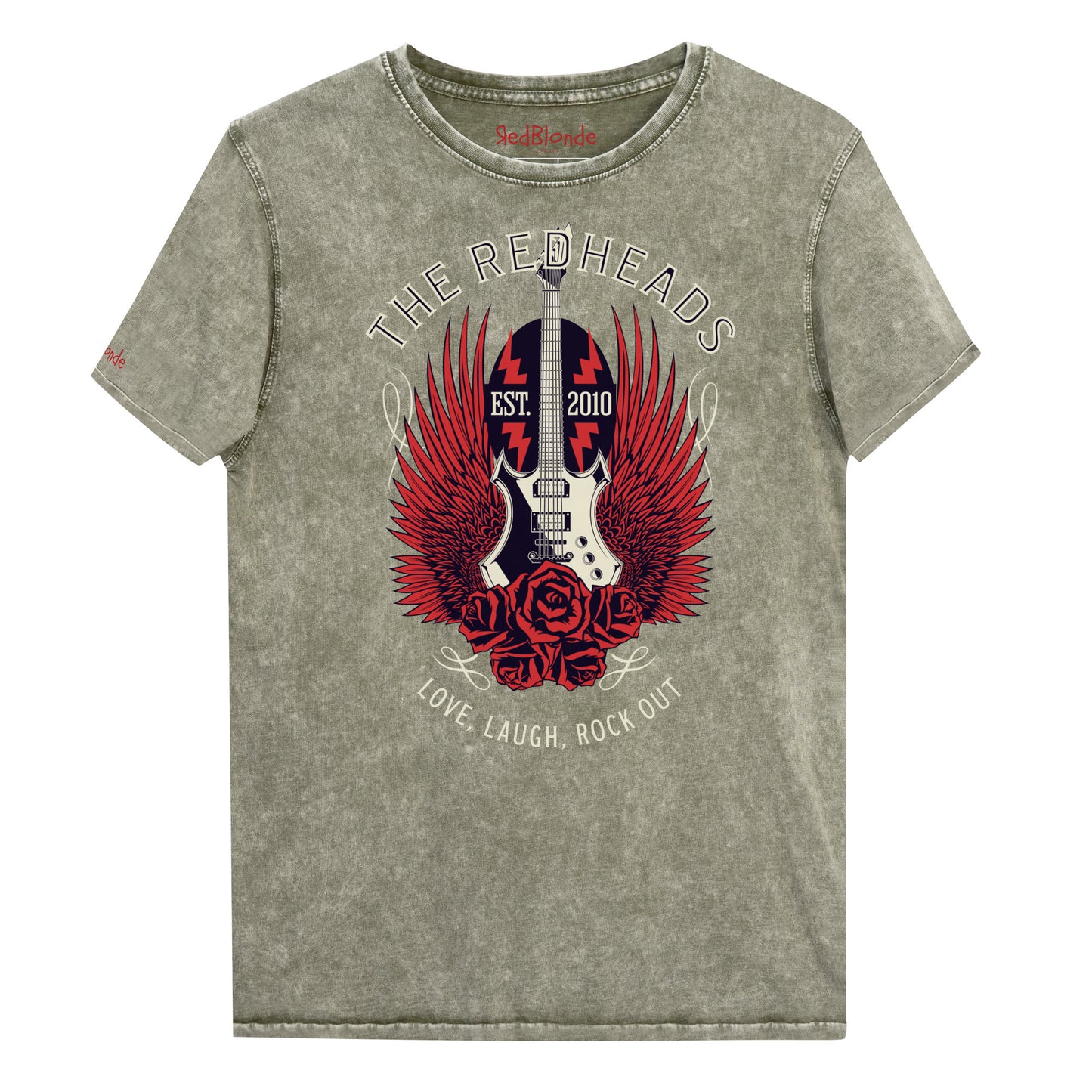 A flatlay of a army green denim wash unisex t-shirt with a graphic of a black & white guitar with red bird wings emerging from the side. The graphic features ‘THE REDHEADS' in Brookfield font in a semicircle above the guitar, while ‘Love, laugh, rock out’ is underneath. Branded RedBlonde London in inside neck and right sleeve