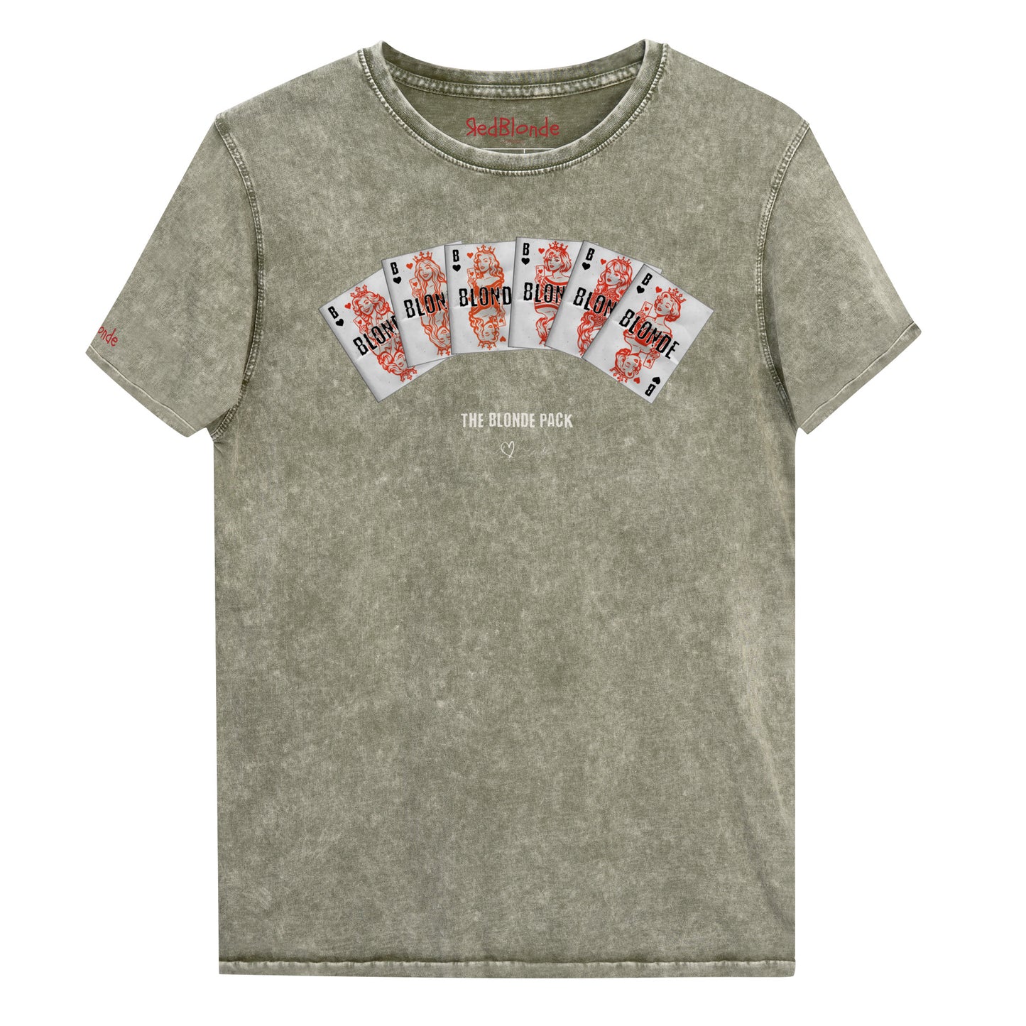 Unisex army green acid denim wash tshirt featuring a bold graphic of Queen playing cards spread across the chest, each card with a famous blonde. Below the cards, the text reads “THE BLONDE PACK” with the RedBlonde signature logo.