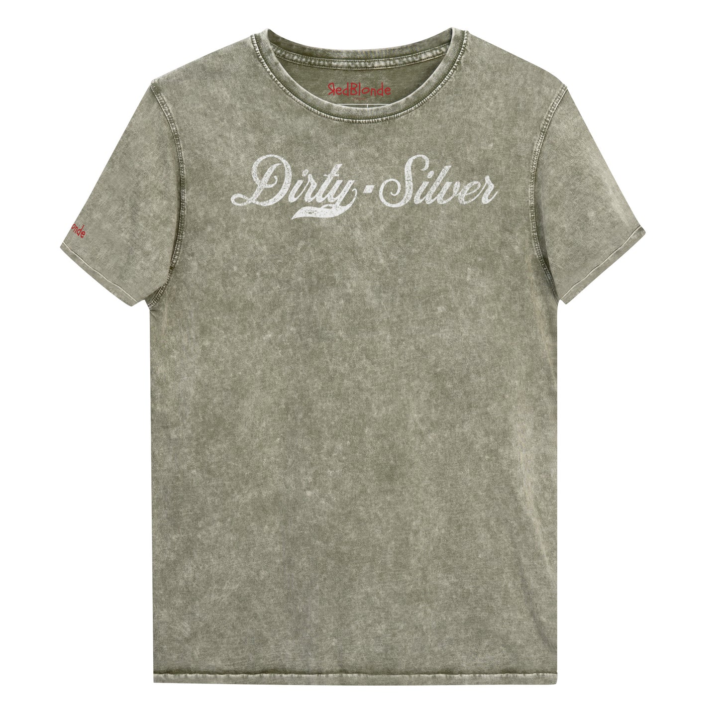 Flatlay of a army green unisex loose-fit denim wash t-shirt with vintage Coca-Cola-inspired milkstore script in white reading ‘Dirty Silver’ on the front. Branded RedBlonde on the inside neck and right shoulder in red