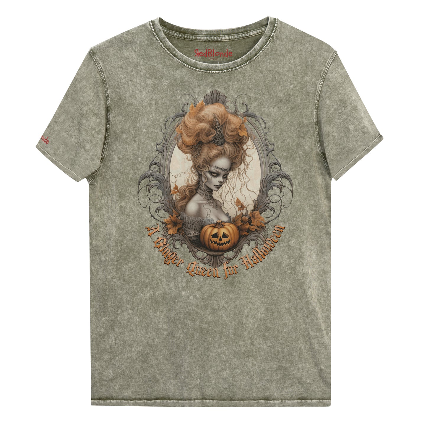 army green acid-wash unisex T-shirt featuring a gothic-style illustration of ginger-haired woman with an elaborate beehive hairstyle, framed by ornate scrollwork, autumn leaves, and a carved pumpkin. The design is captioned with the text ‘A Blonde Queen for Halloween’ in vintage Dark Angle lettering. Branded RedBlonde in red on inside neck and right sleeve
