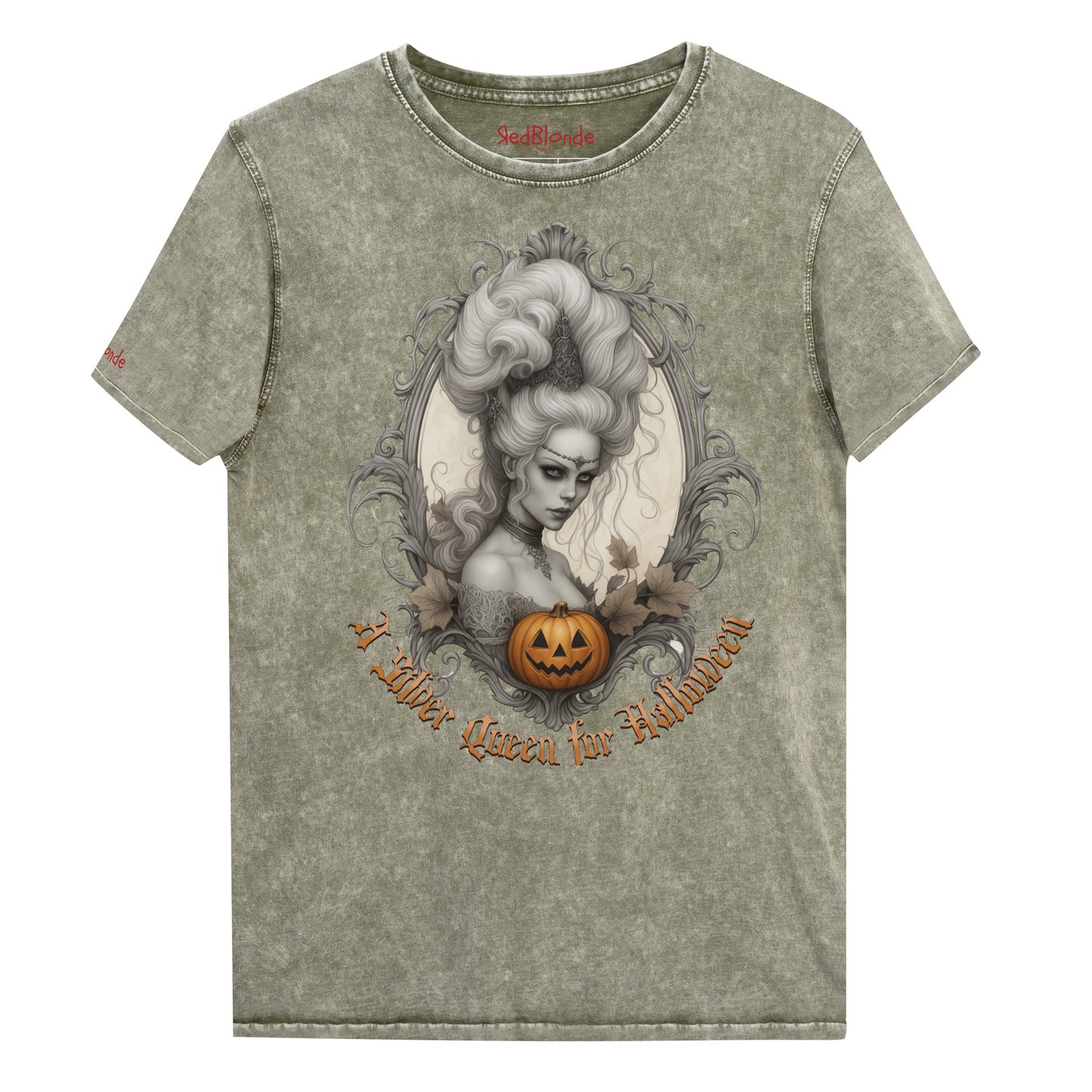 Army green acid-wash unisex T-shirt featuring a gothic-style illustration of a silver-haired woman with an elaborate beehive hairstyle, framed by ornate scrollwork, autumn leaves, and a carved pumpkin. The design is captioned with the text ‘A Silver Queen for Halloween’ in vintage Dark Angle lettering. Branded RedBlonde in red on inside neck and right sleeve
