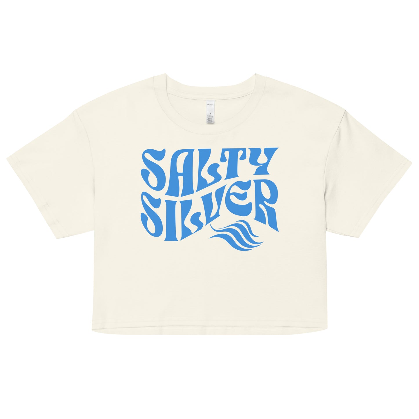 beige loose women's crop top t-shirt with the words ‘Salty Silver’ in blue solino display retro wavy 70s font