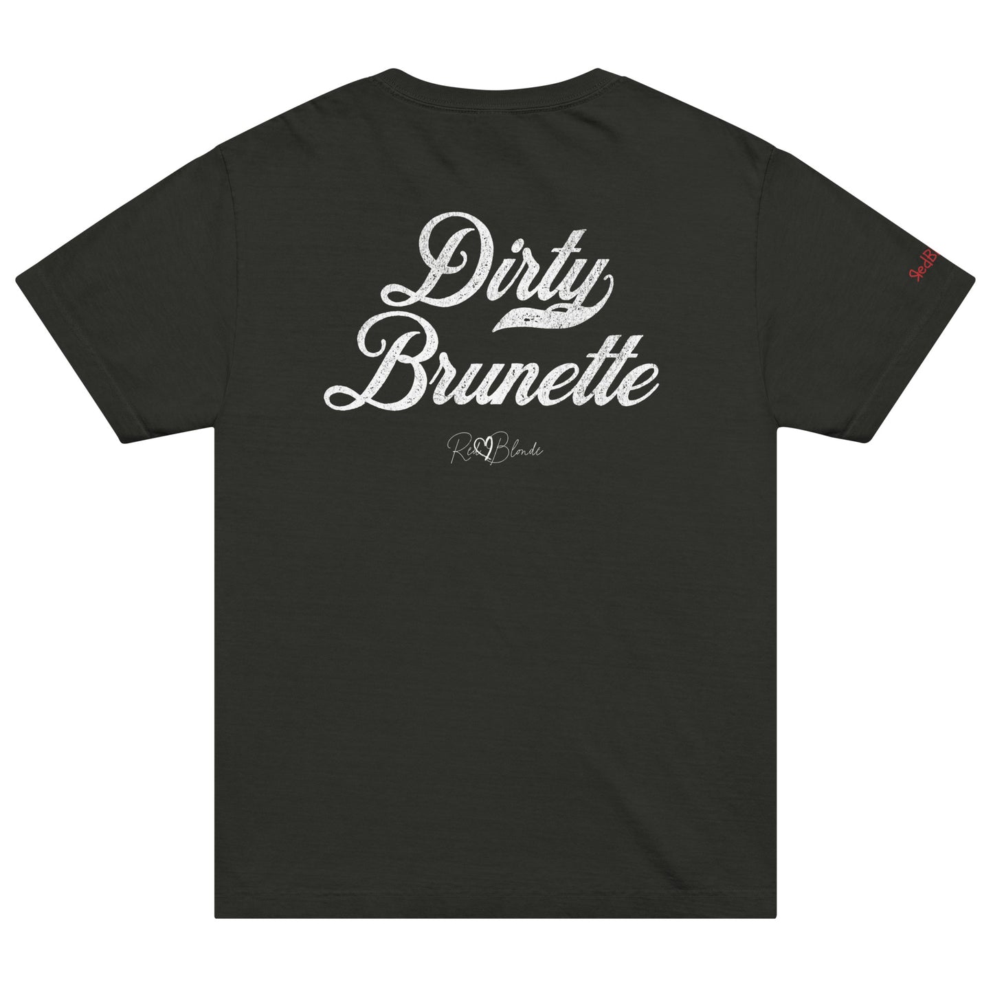 Back view of a black vintage wash oversized unisex T-shirt with bold black Milkstore 01 vintage-style script reading “Dirty Brunette” and the RedBlonde signature logo beneath, plus a small RedBlonde logo detail on the right sleeve.