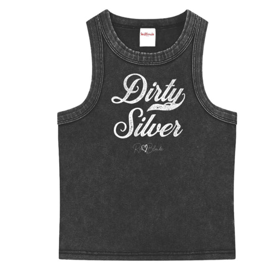 Black snow-wash tank top with raw-edge seams and the phrase ‘Dirty Silver’ printed in vintage Milkstore white font across the chest, featuring the RedBlonde logo underneath