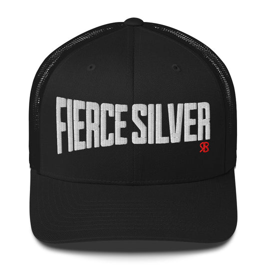 black retro trucker cap with bold white embroidered text “Fierce Silver” across the front, featuring a small red RB logo on the side.