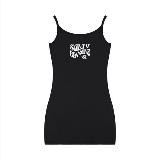 Black bodycon mini dress with thin straps and a scoop neckline, featuring a white Salty Blonde graphic in Solino Display font on the chest.