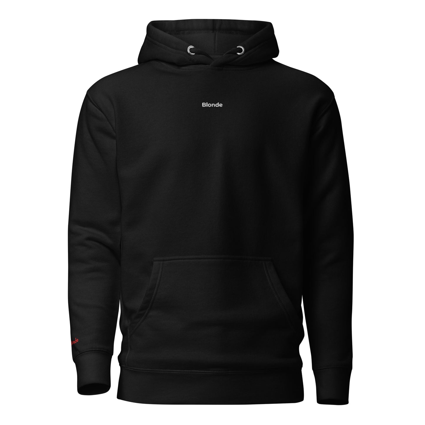 front view of black unisex front pocket hoodie with BLONDE in monserrat font