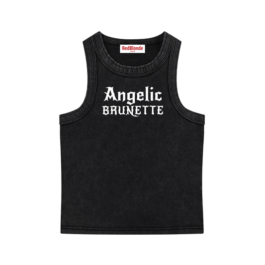 black snow-washed tank t-shirt with white gothic New Rockstar text reading “Angelic Brunette” across the chest.