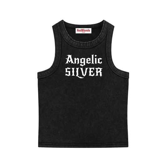 black snow-washed tank t-shirt with white gothic New Rockstar text reading “Angelic Silver” across the chest.