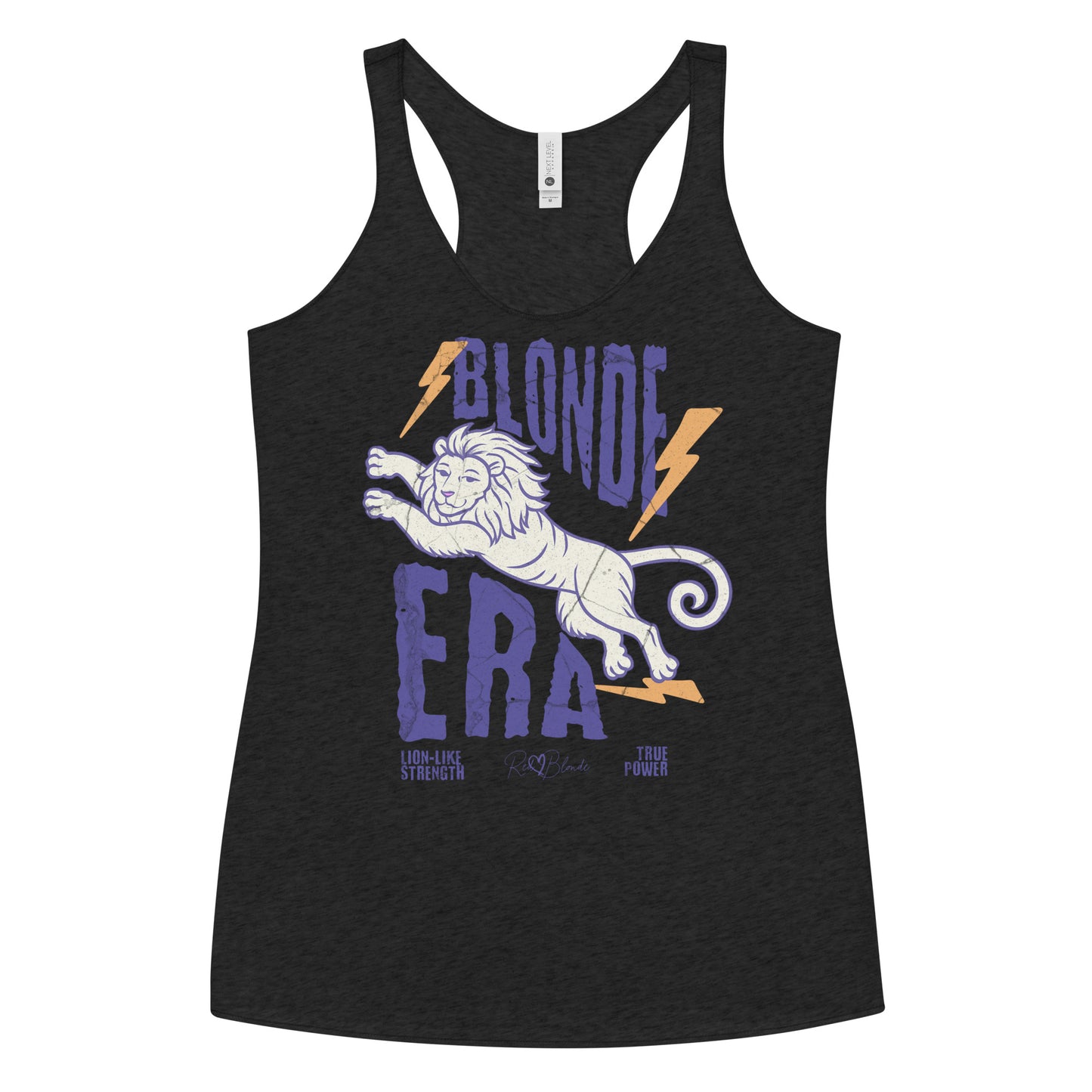 Women’s vintage-style racerback tank in heathered black features a large, stylized illustration of a lion leaping forward in pale purple and white with a flowing mane. Bold, distressed text above and below reads “BLONDE ERA” in uppercase purple letters, with two orange lightning bolts flanking the text. Beneath the lion in small purple letters are the phrases “Lion-like strength” and “True power.” RedBlonde with a heart small signature-like logo appears below the text.