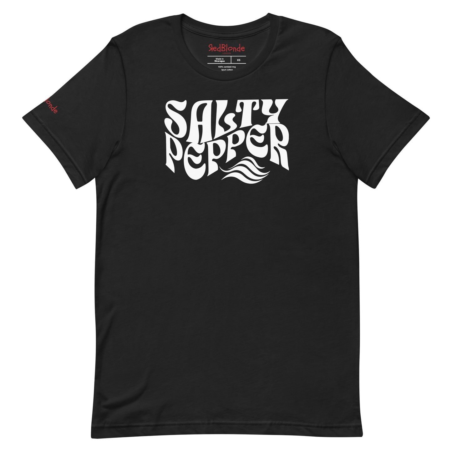 flatlay of black classic unisex graphic t-shirt with the slogan 'Salty Pepper' in Solino Display white retro 70s wavy font. Branded RedBlonde in red on inside neck and right sleeve
