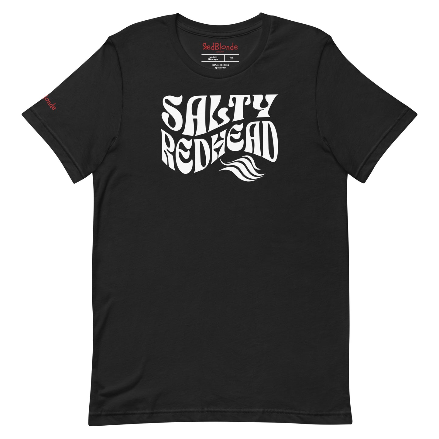 flatlay of black classic unisex graphic t-shirt with the slogan 'Salty Redhead' in Solino Display white retro 70s wavy font. Branded RedBlonde in red on inside neck and right sleeve