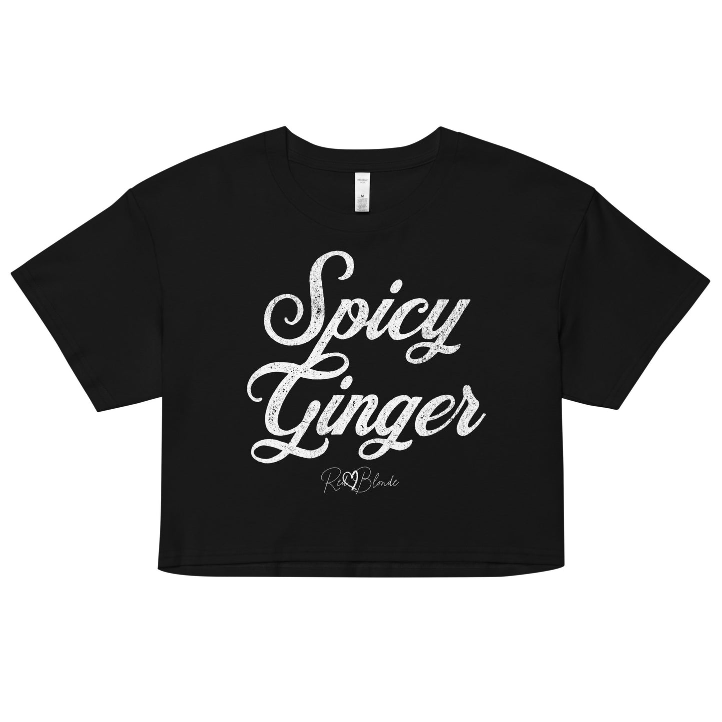 black crop top with the playful slogan ‘Spicy Ginger’ in white milk-store font, signed off RedBlonde. Branded RedBlonde London in red on the reverse