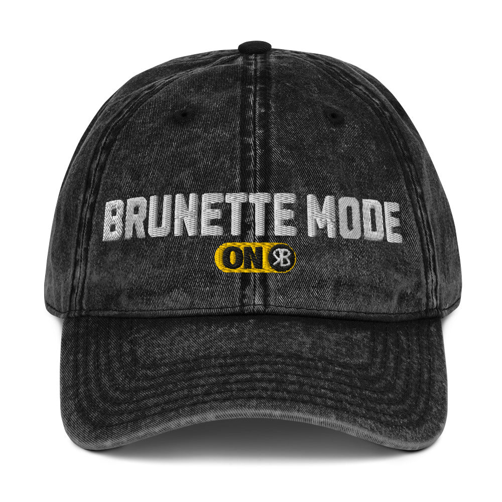 black denim cap with 'Brunette Mode ON' embroidered in white Univercity font with RB logo