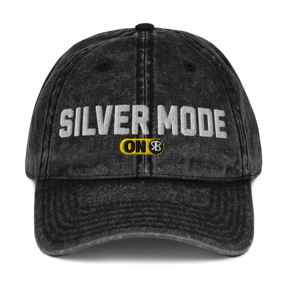 black denim cap with 'Silver Mode ON' embroidered in white Univercity font with RB logo