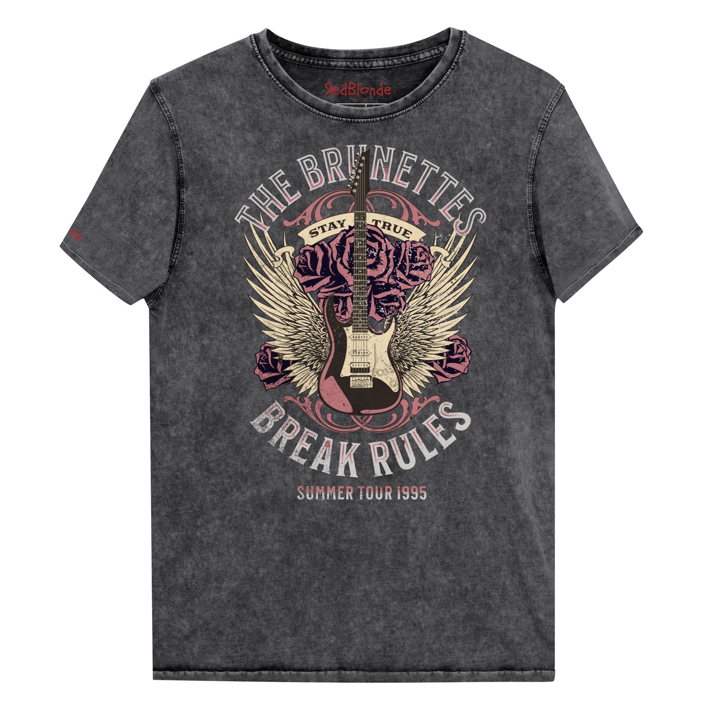 A black denim wash unisex t-shirt with a burnt pink & beige graphic of a guitar with bird wings emerging from the side. The graphic features ‘THE BRUNETTES’ in Brookfield font above the guitar, ‘STAY TRUE' across the top and 'BREAK RULES’ underneath. Branded RedBlonde London in inside neck and right sleeve.